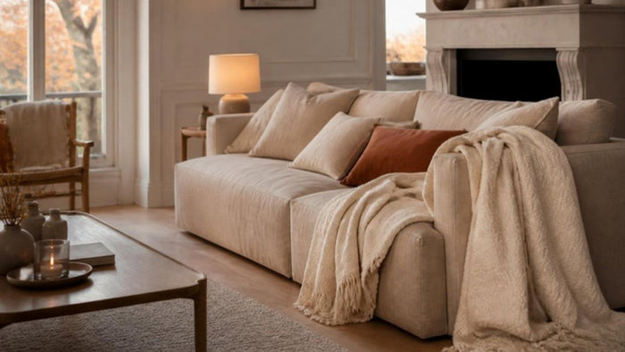 Salon cocooning pour une déco d'automne : plaid crème et coussin terracotta sur un canapé en lin beige