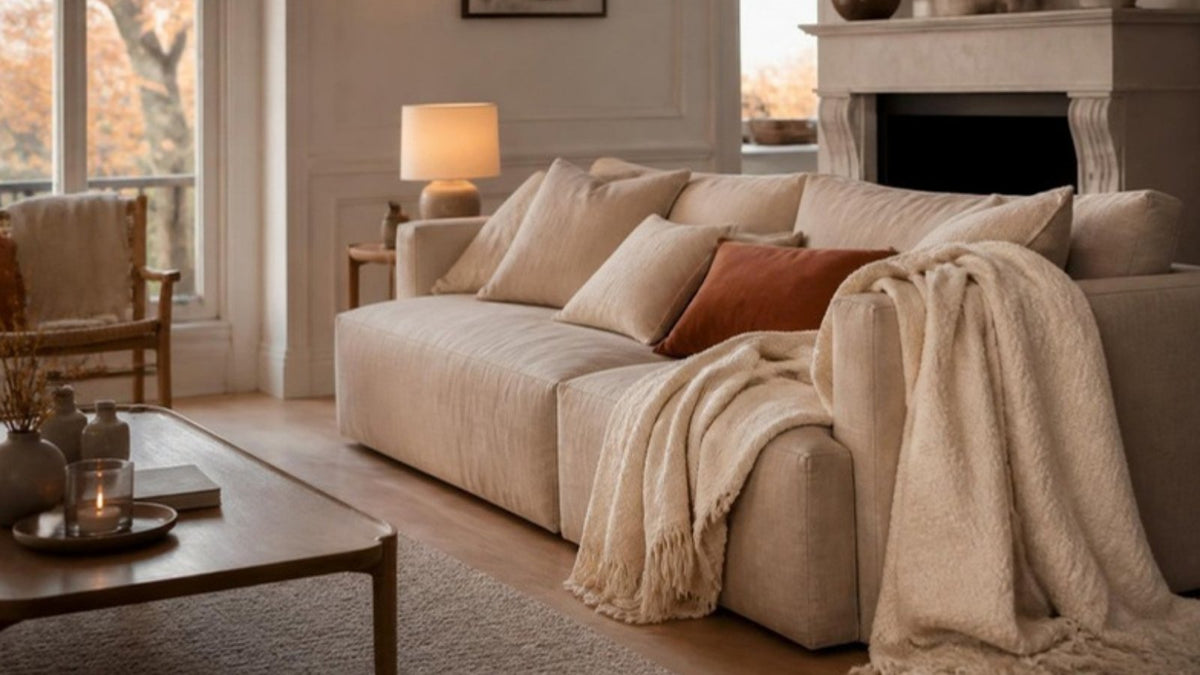 Salon cocooning pour une déco d'automne : plaid crème et coussin terracotta sur un canapé en lin beige