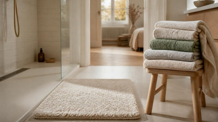 Tapis de bain en coton crème devant une douche à l'italienne, avec des serviettes de bain pliées sur un tabouret en bois
