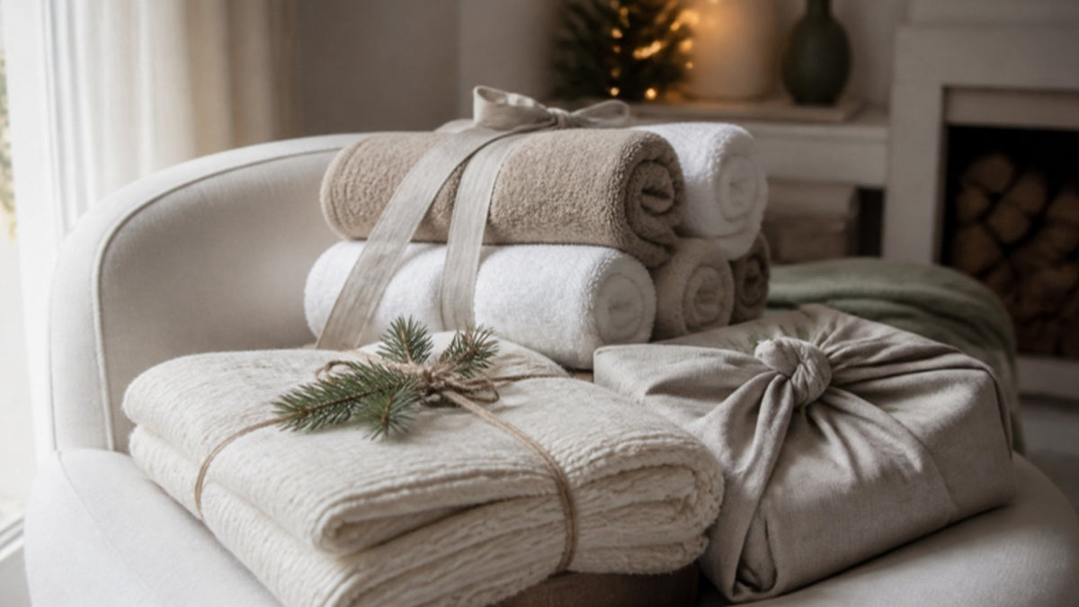 Idées cadeaux linge de maison pour Noël : plaid crème, serviettes de bain roulées et paquet emballé dans un torchon