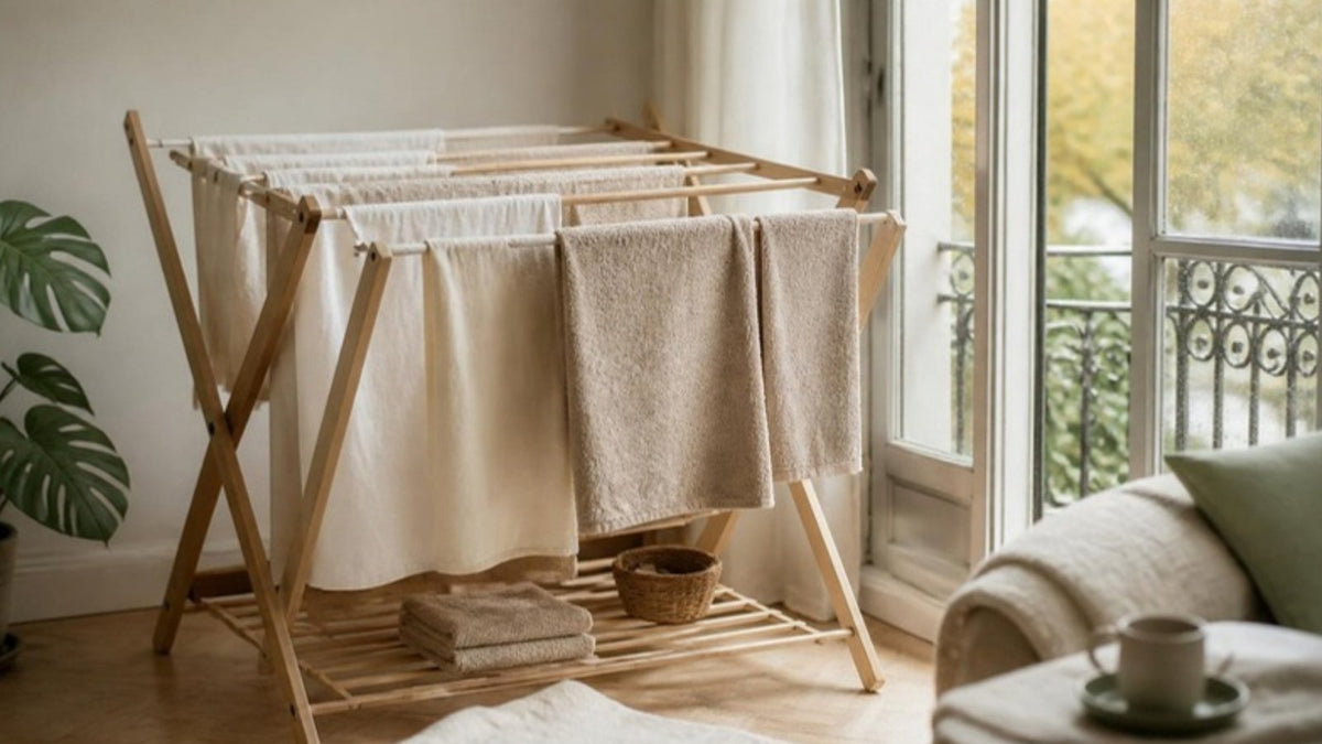 Séchoir à linge près d'une fenêtre avec draps en coton et serviettes éponge, pour sécher son linge à l'intérieur