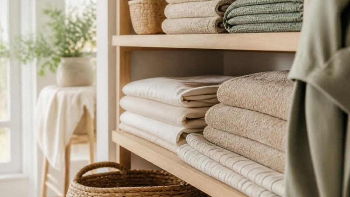 Étagère de buanderie avec des piles de draps écrus, serviettes beige sable et plaid pliés, près d'un panier en osier