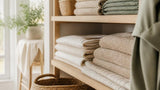 Étagère de buanderie avec des piles de draps écrus, serviettes beige sable et plaid pliés, près d'un panier en osier