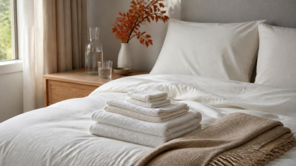 Chambre d'amis prête à recevoir : lit en linge blanc, serviettes de bain pliées et plaid beige au pied du lit