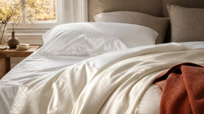 Lit fait avec draps en percale de coton blanc et housse de couette satinée écru, lumière douce du matin