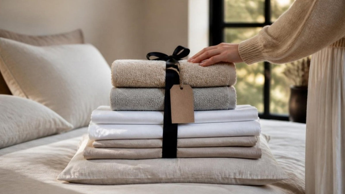 Pile de linge de maison neuf sur un lit, draps et serviettes en coton : bien choisir son linge au Black Friday