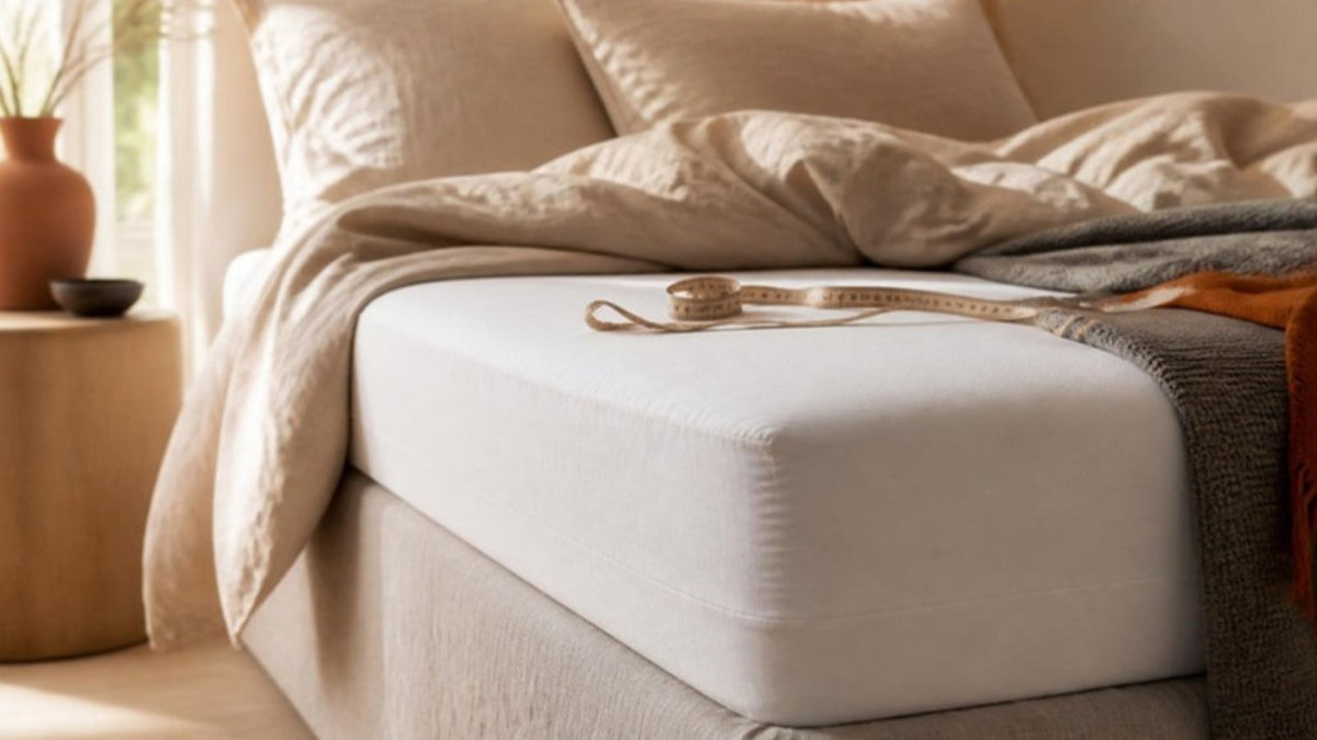 Coin de lit avec un drap housse en coton écru bien tendu sur un matelas épais et un mètre ruban pour choisir sa taille
