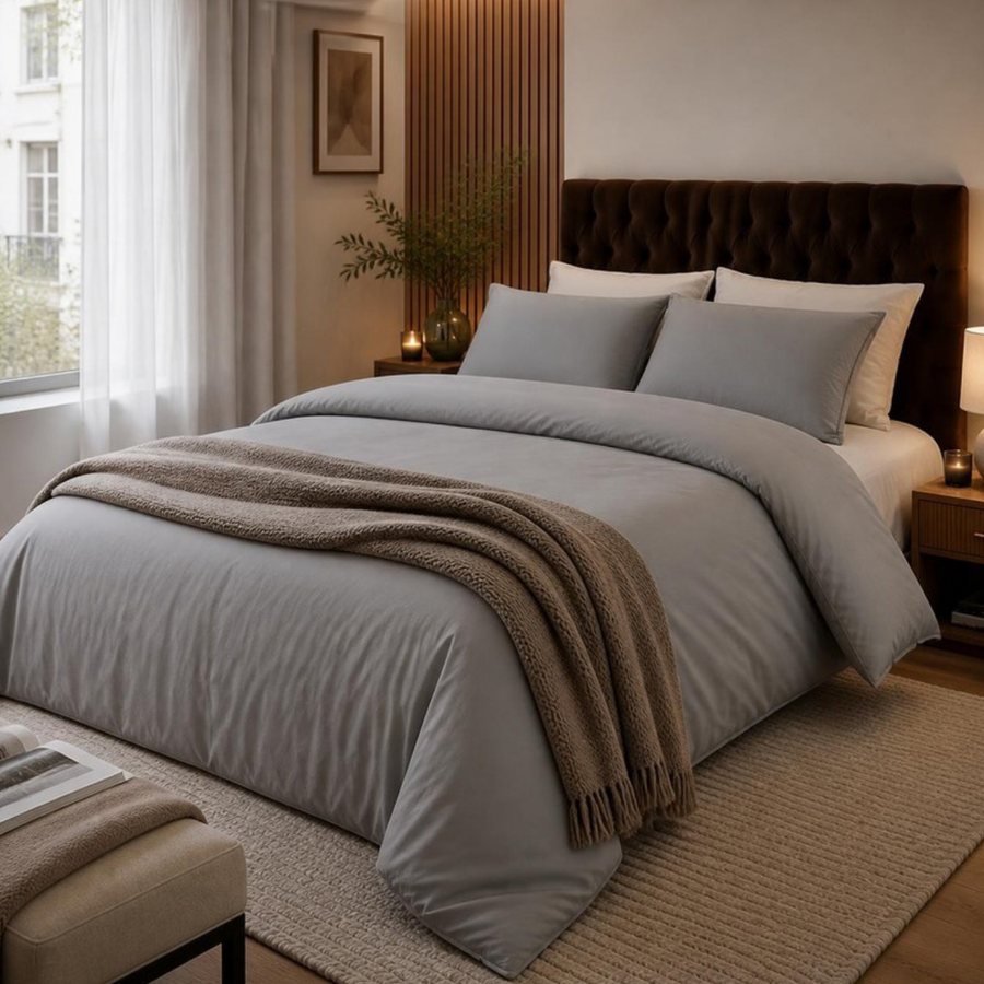 Pack Hiver JLB Home : couette L'Excellence et housse de couette percale grise sur un lit double