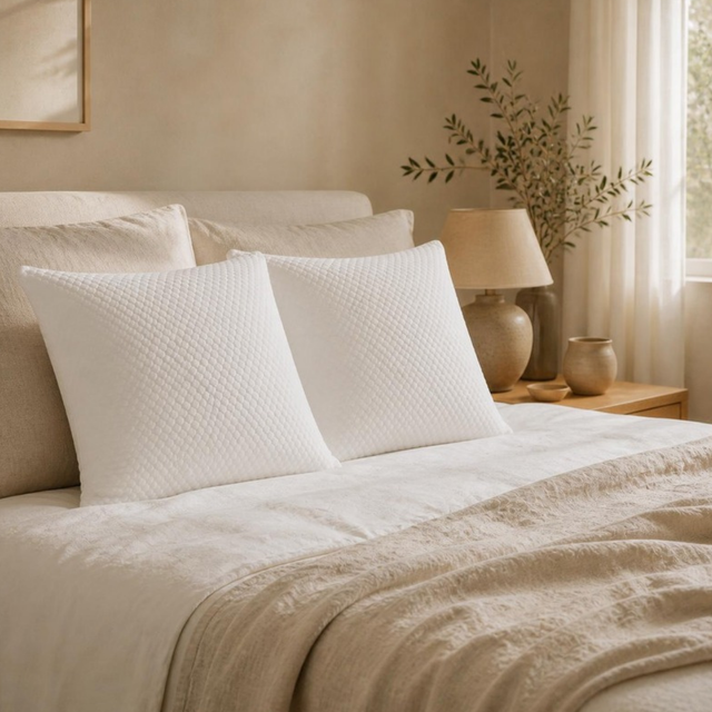 Duo d'oreillers mémoire de forme flocons JLB Home posés côte à côte sur un lit en linge écru