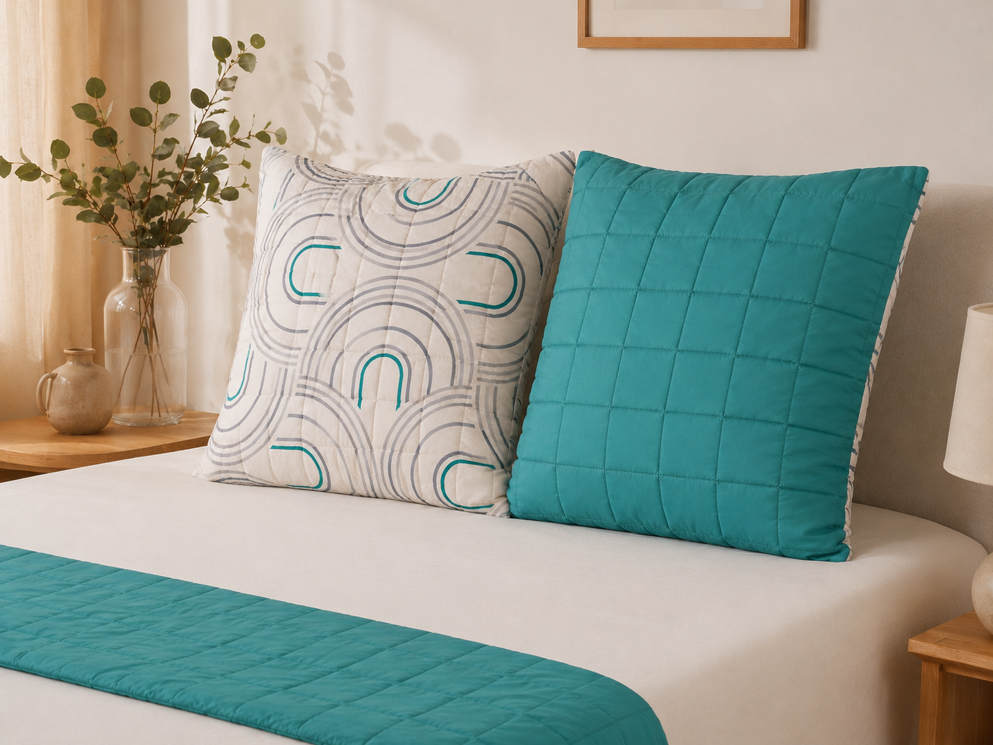 Lot de 2 Taies d'Oreiller Réversibles 63x63 | Motif & Uni Turquoise | 100% Polyester JLB Home
