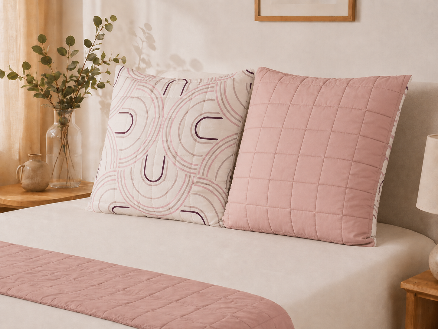 Lot de 2 Taies d'Oreiller Réversibles 63x63 | Motif Arches & Uni Rose Poudré | 100% Polyester JLB Home