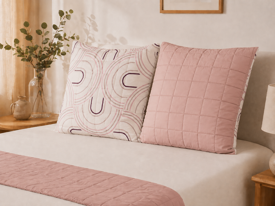 Lot de 2 Taies d'Oreiller Réversibles 63x63 | Motif Arches & Uni Rose Poudré | 100% Polyester JLB Home