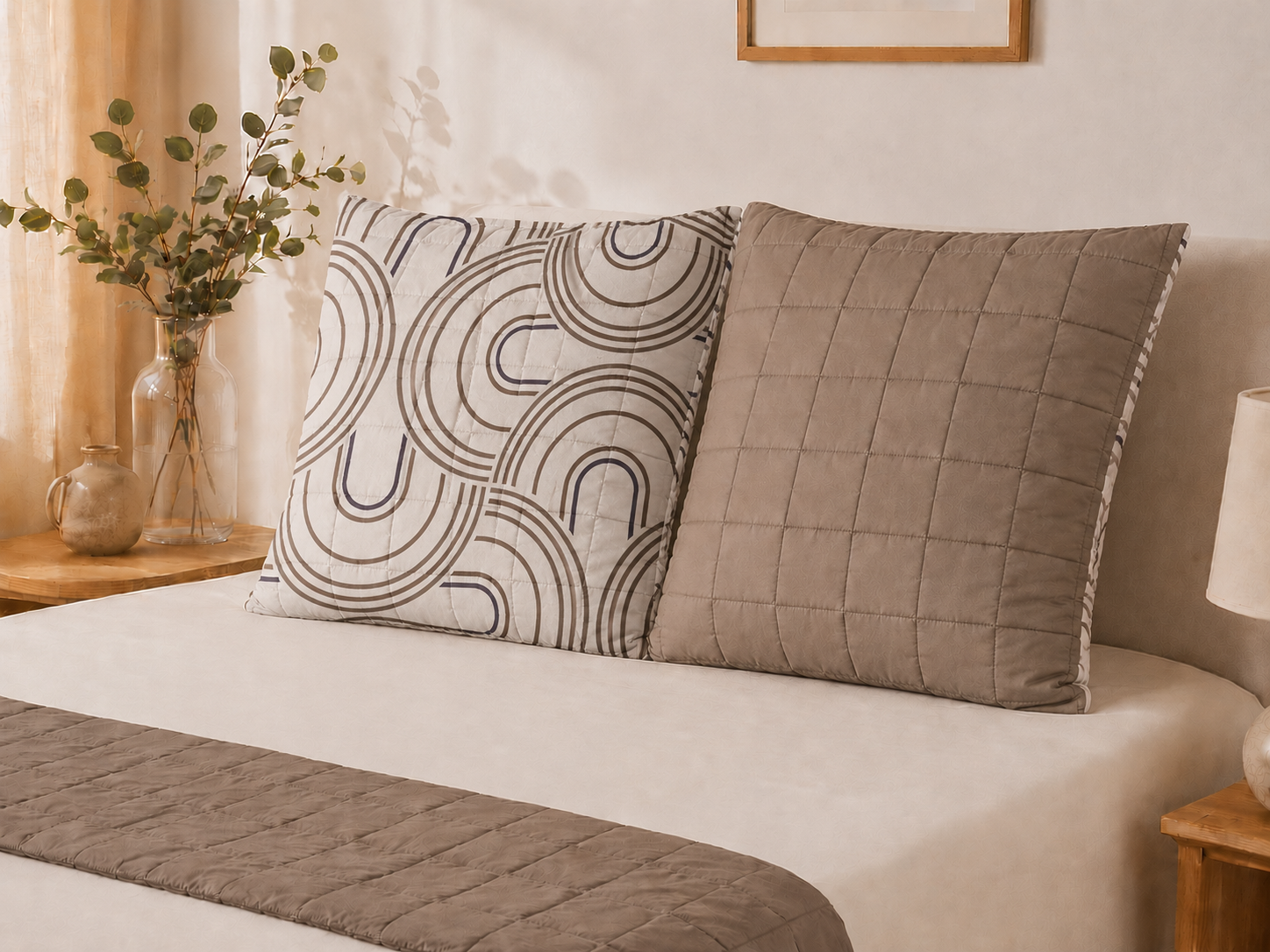 Lot de 2 Taies d'Oreiller Réversibles 63x63 | Motif Arches & Uni Taupe | 100% Polyester JLB Home