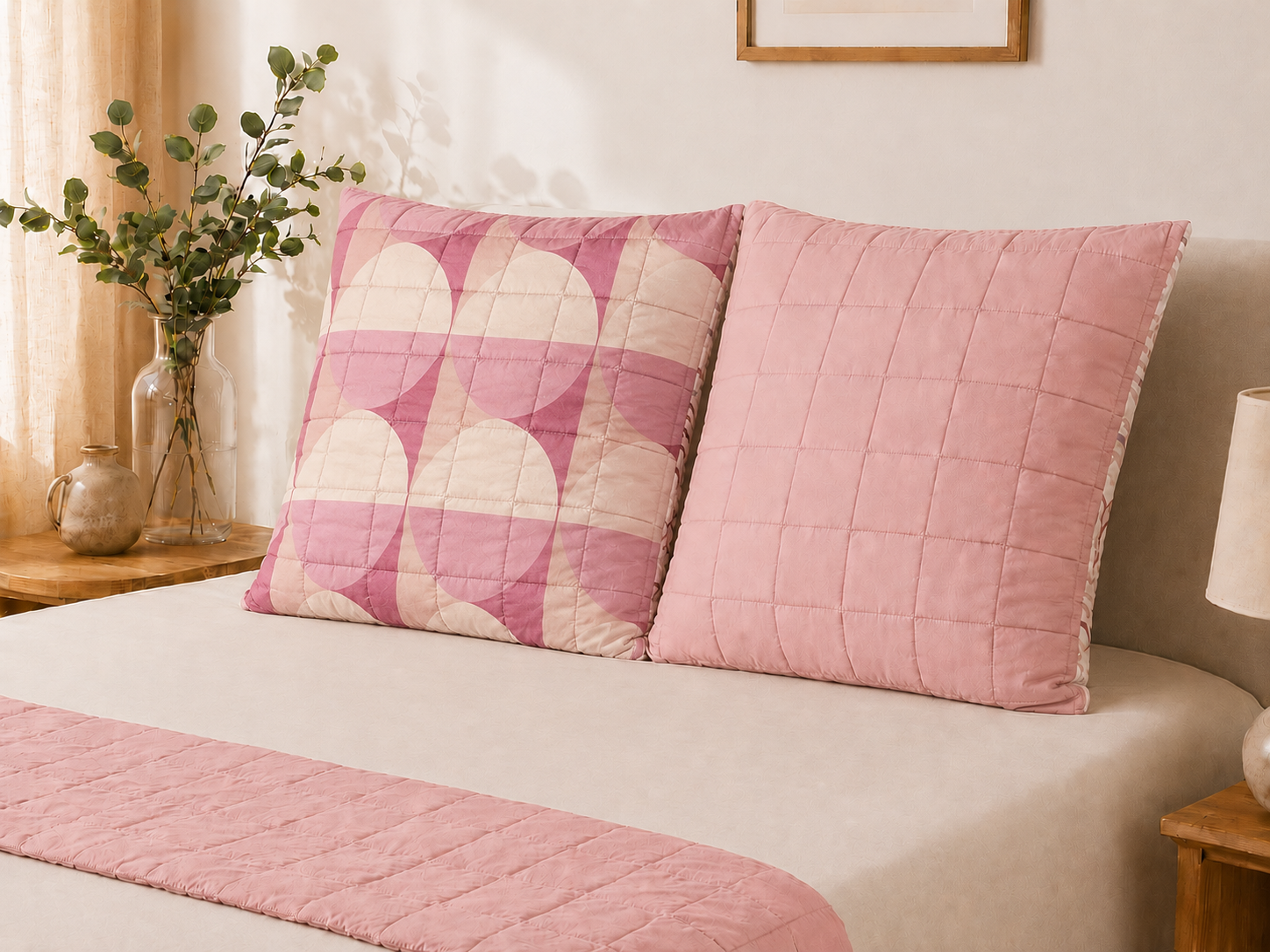 Lot de 2 Taies d'Oreiller Réversibles 63x63 | Motif Géométrique & Uni Rose | 100% Polyester JLB Home