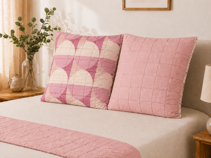 Lot de 2 Taies d'Oreiller Réversibles 63x63 | Motif Géométrique & Uni Rose | 100% Polyester JLB Home