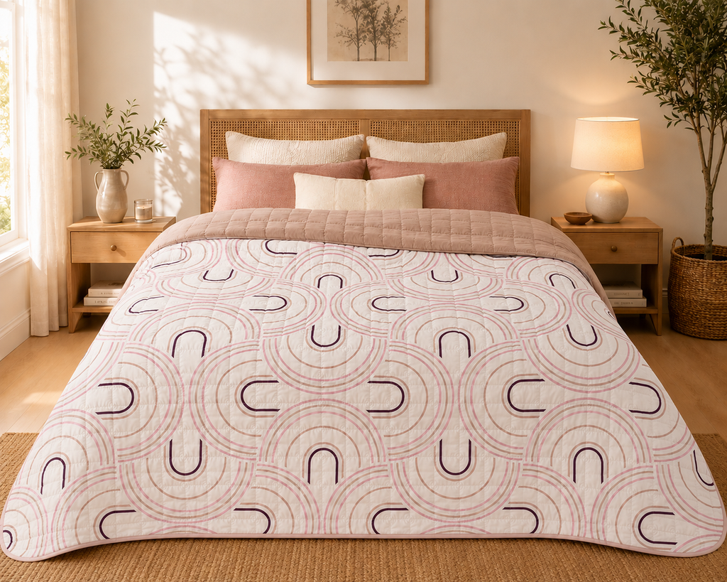 Couvre-Lit Réversible 220x240 | Motif Arches & Uni Rose Poudré | 100% Polyester JLB Home