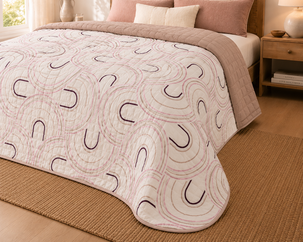 Couvre-Lit Réversible 220x240 | Motif Arches & Uni Rose Poudré | 100% Polyester JLB Home