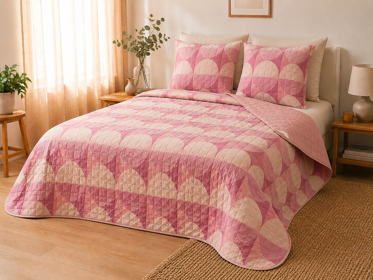 Couvre-Lit Réversible 220x240 | Motif Géométrique & Uni Rose | 100% Polyester JLB Home
