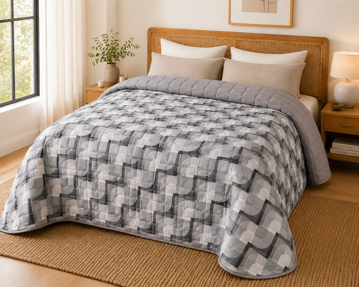 Couvre-Lit Réversible 220x240 | Motif Géométrique & Uni Gris | 100% Polyester JLB Home