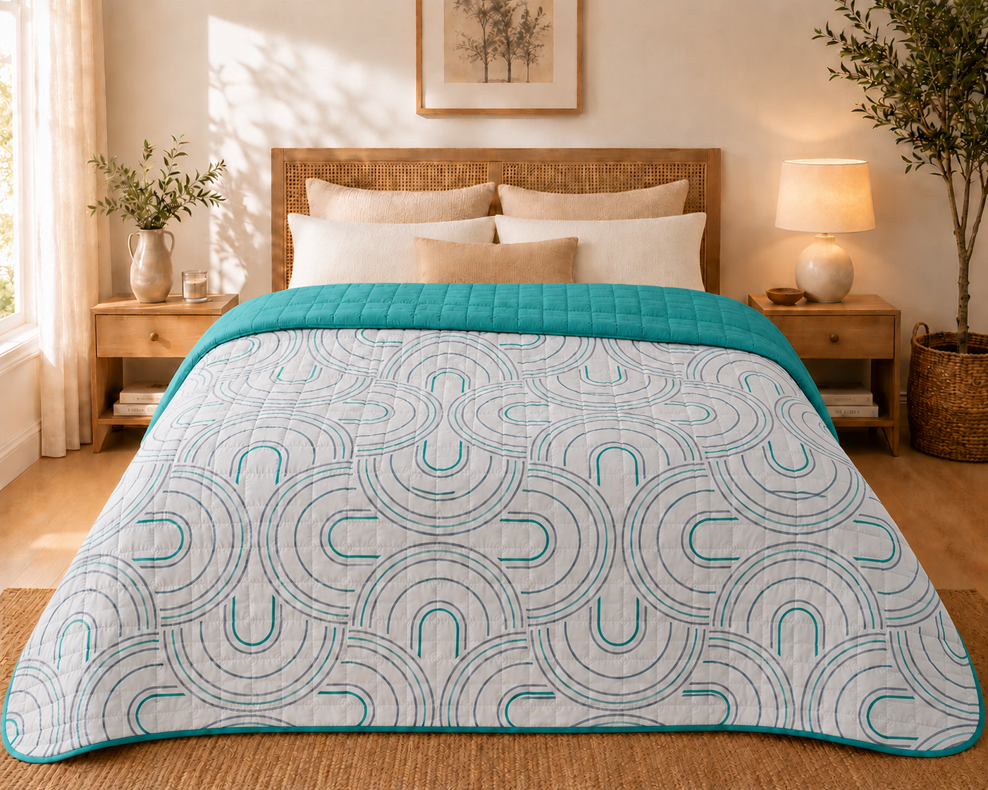 Couvre-Lit Réversible 220x240 | Motif Arches & Uni Turquoise | 100% Polyester JLB Home