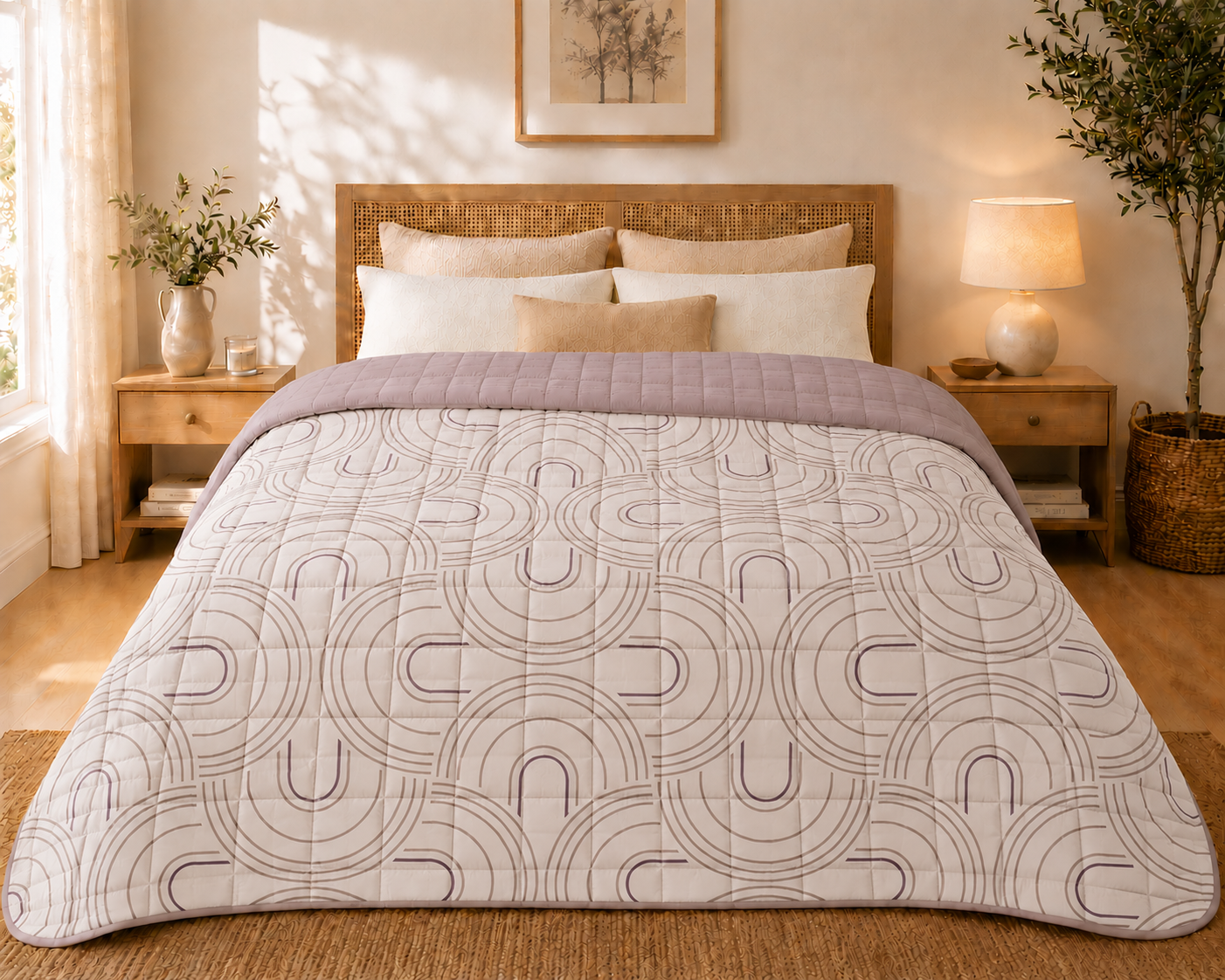 Couvre-Lit Réversible 220x240 | Motif Arches & Uni Mauve | 100% Polyester JLB Home