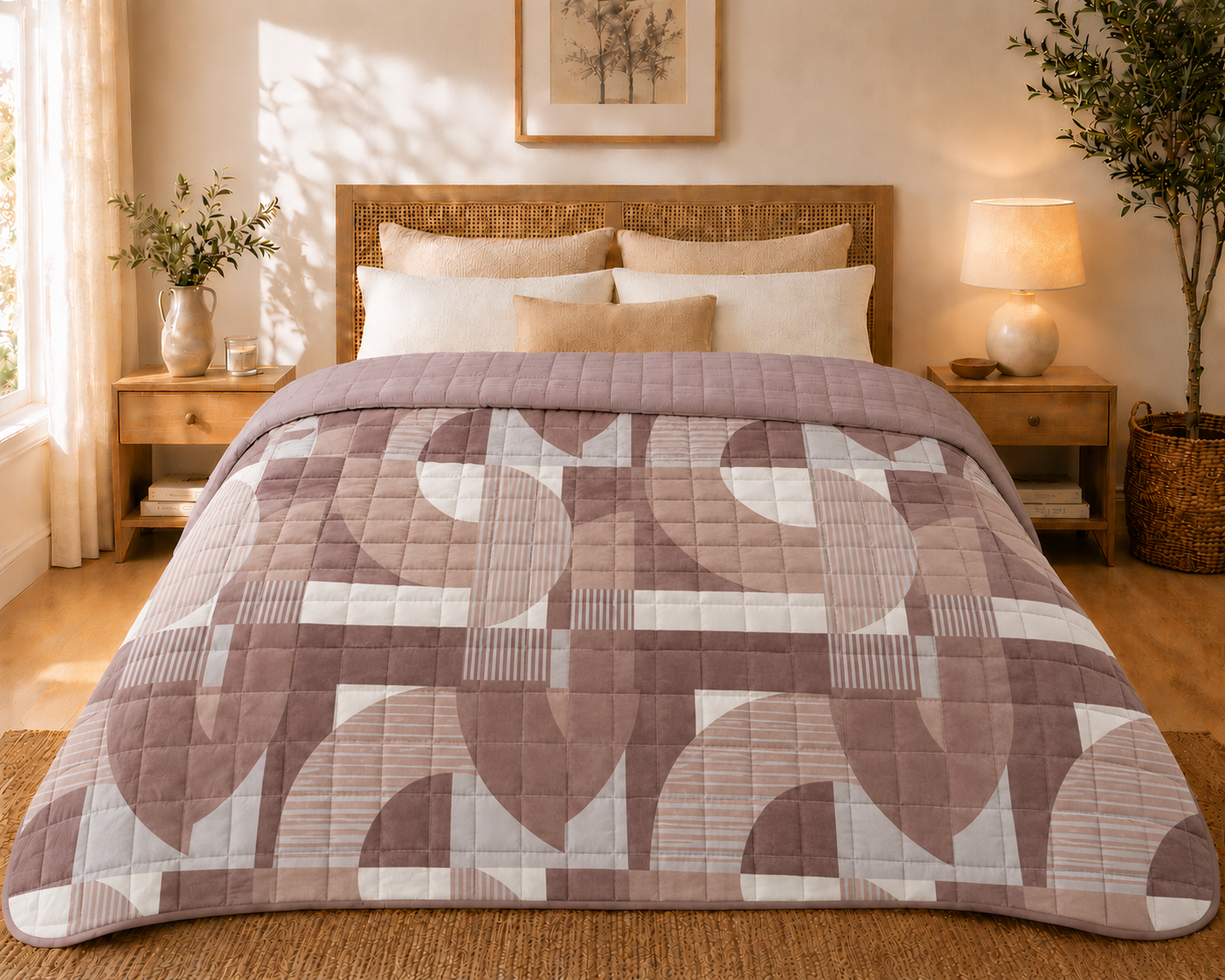 Couvre-Lit Réversible 220x240 | Motif Géométrique & Uni Taupe Rosé | 100% Polyester JLB Home